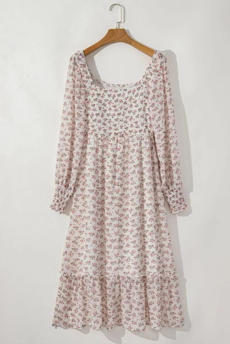 White Floral Print Shirred Ruffled Hem Square Neck Midi Dress - Love Salve